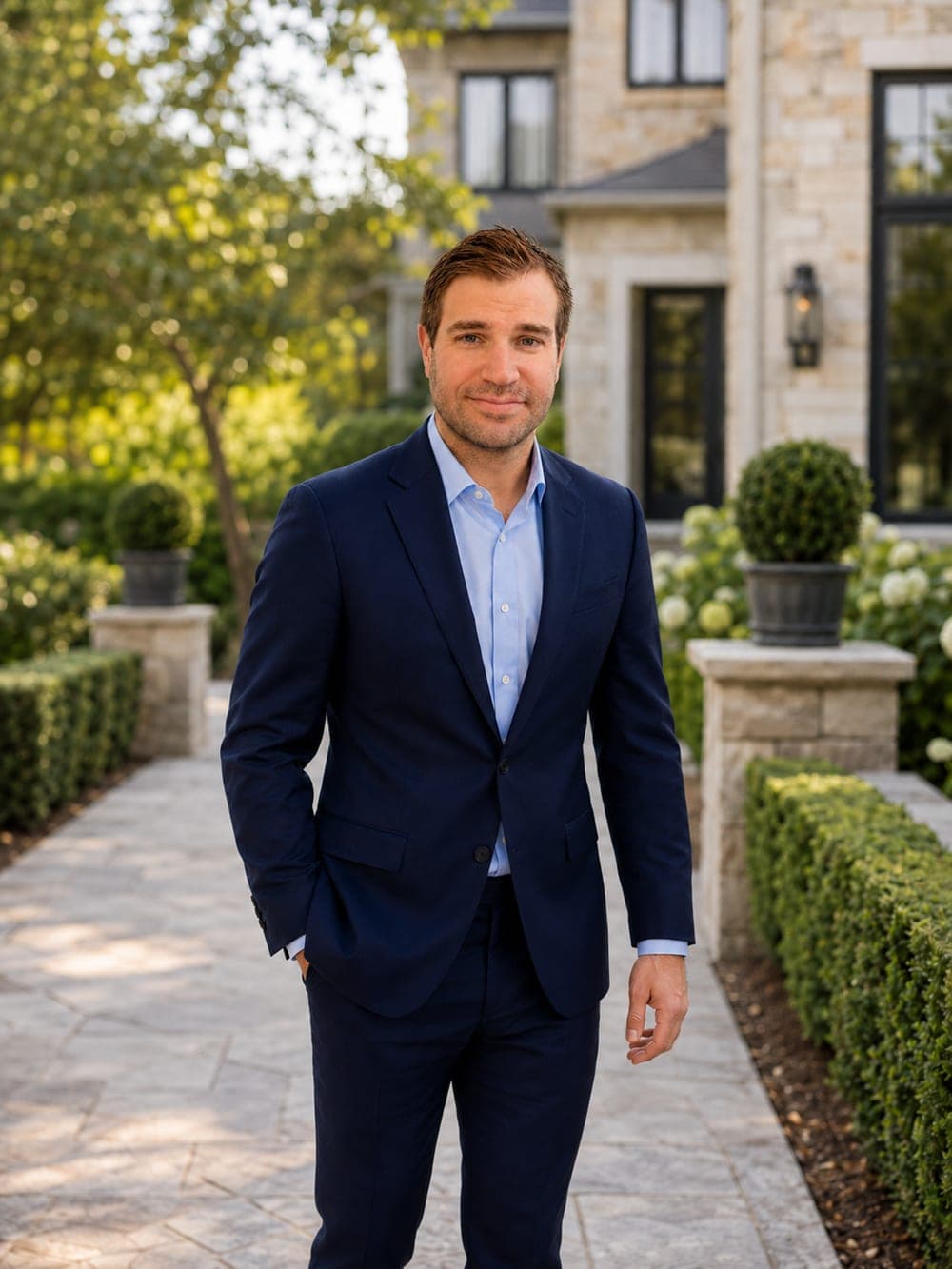 Matt Caiola on the walkway of a stone Fairfield County estate